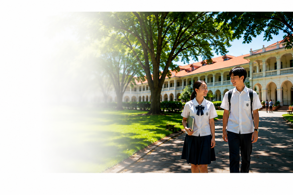 フィリピンの学校で通学する制服姿の学生たち