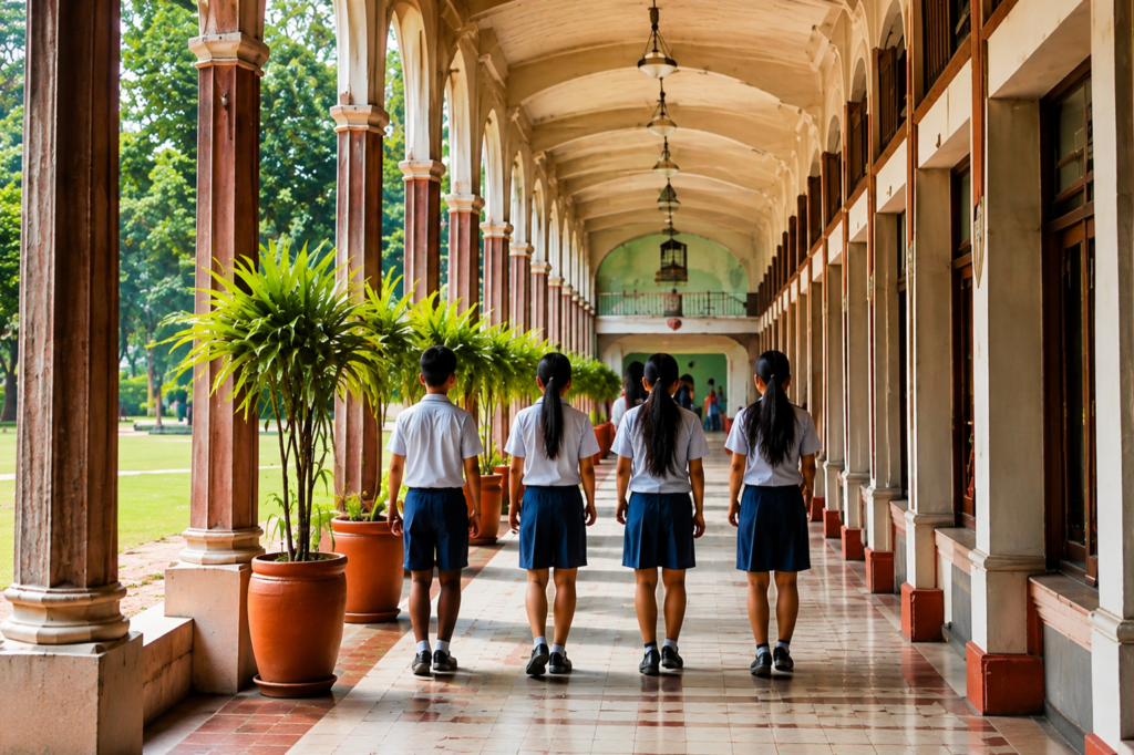 フィリピンの学校の校舎と通路を歩く学生たち