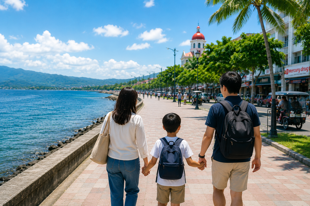 ドゥマゲッティの海沿いを歩く親子留学の家族