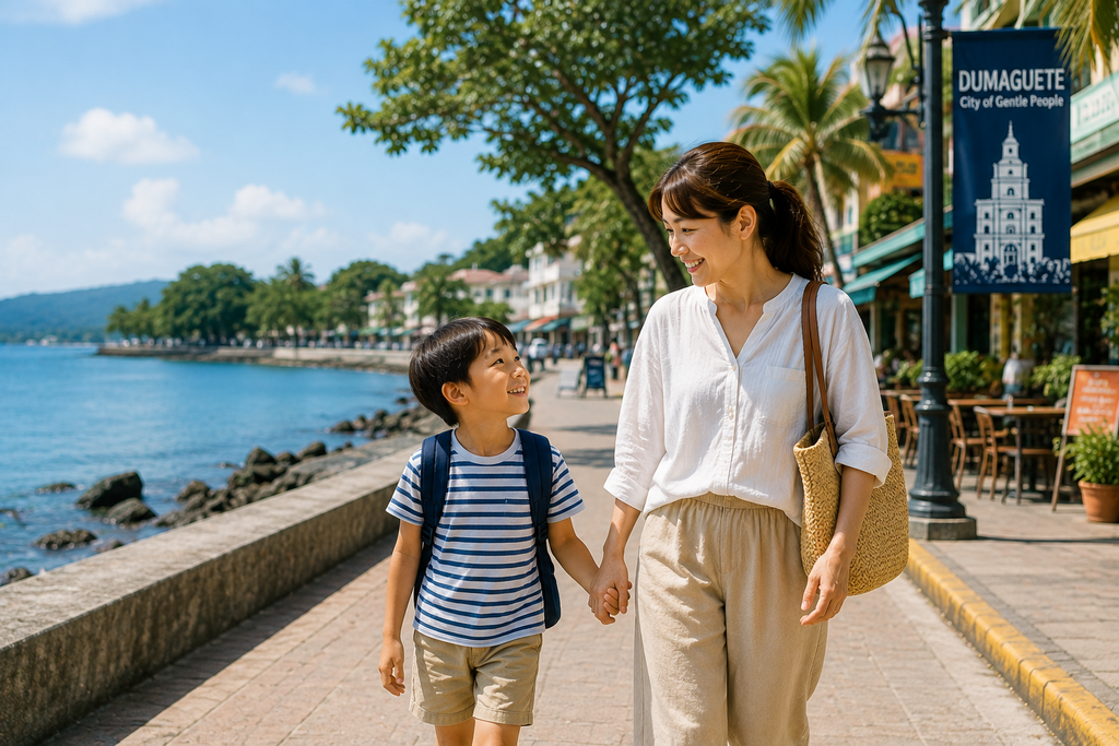 ドゥマゲッティの海沿いを歩く親子の海外生活イメージ