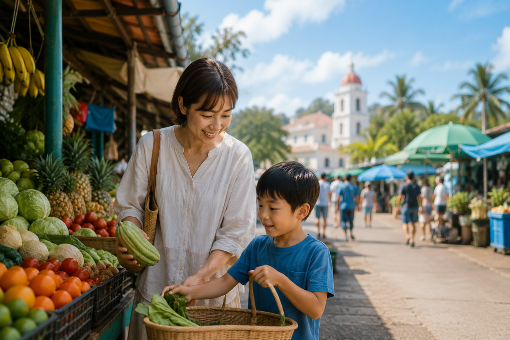 ドゥマゲッティの市場で買い物をする親子の海外生活イメージ