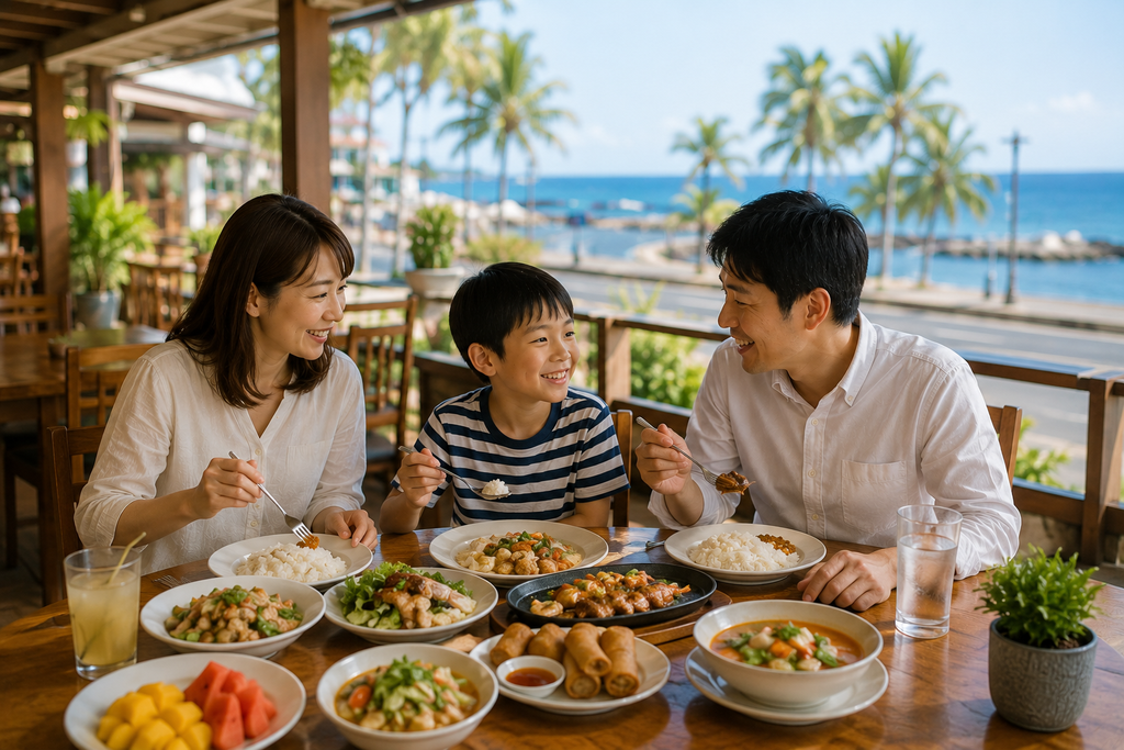 ドゥマゲッティの海沿いのレストランで家族が食事を楽しむ海外生活のイメージ