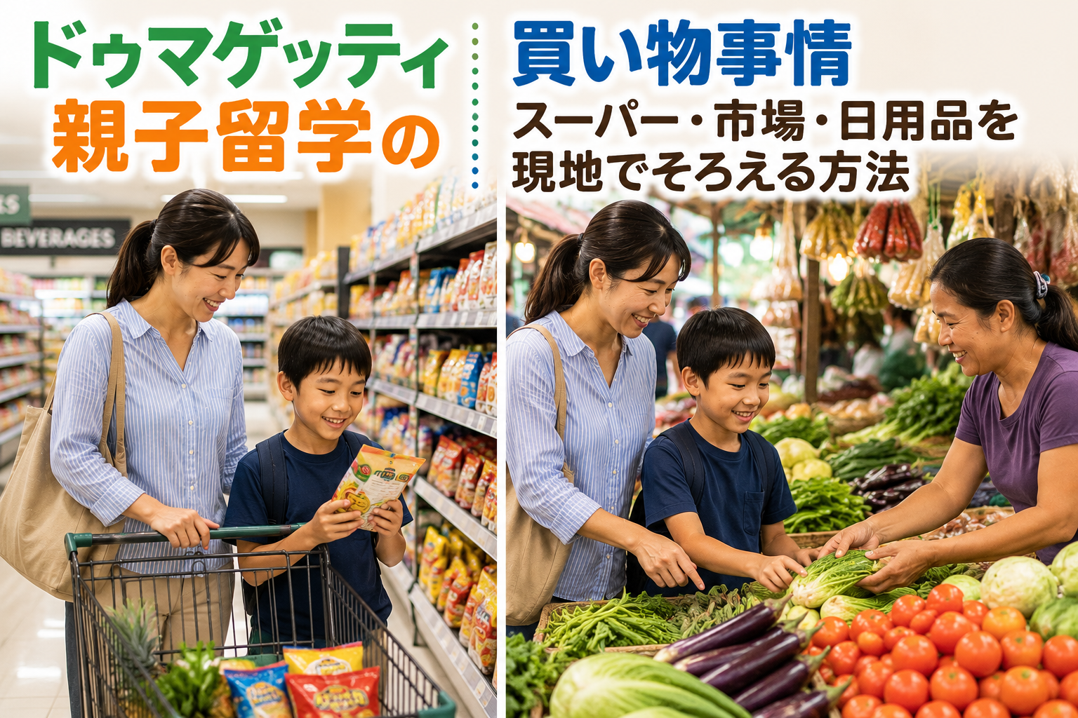 ドゥマゲッティ親子留学でスーパーや市場を利用する母子の買い物風景、現地で食材や日用品をそろえる海外生活のイメージ