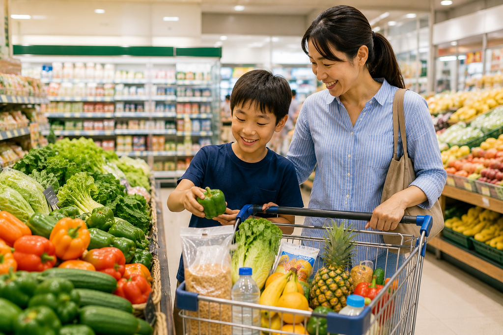 ドゥマゲッティのスーパーで親子が野菜や果物を選びながら買い物をする現地生活のイメージ