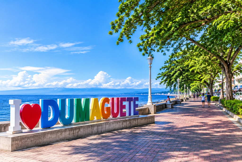 ドゥマゲッティの海沿いにある「I LOVE DUMAGUETE」のモニュメントと、ヤシの木が並ぶ遊歩道の風景