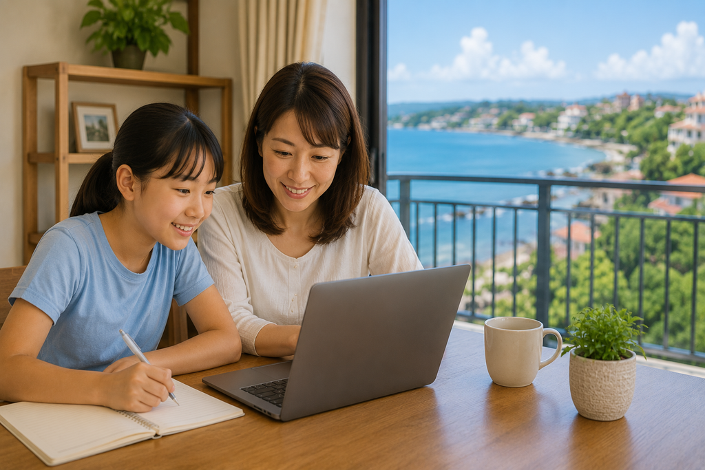 ドゥマゲッティの海を望む明るい室内で、母親と子どもが一緒にパソコンやタブレットを使って学習している様子。親子留学での通信環境をイメージした風景。