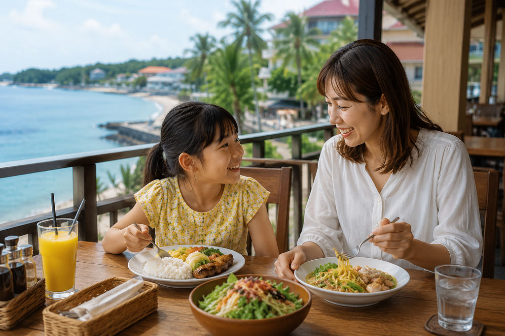 ドゥマゲッティの海を望むテラスで、母親と子どもが一緒に食事を楽しんでいる様子。親子留学での現地の食生活をイメージした写真。
