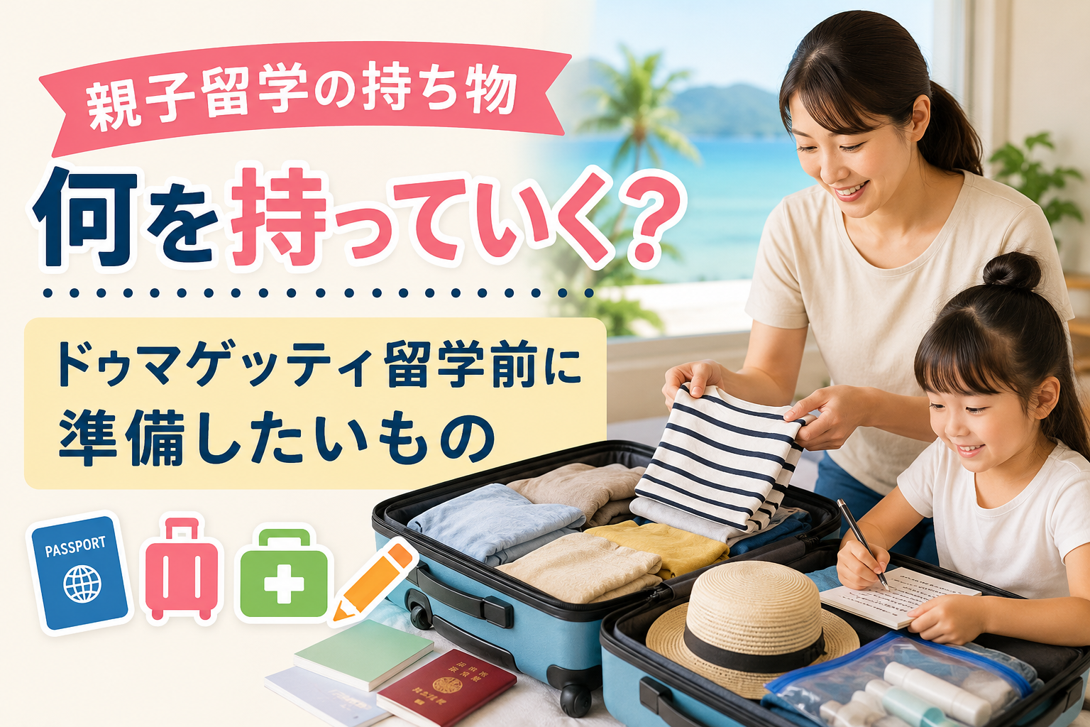 親子留学に向けて、スーツケースに衣類や日用品、パスポート、スマートフォンなどを準備している様子。ドゥマゲッティ留学の持ち物をイメージした写真。