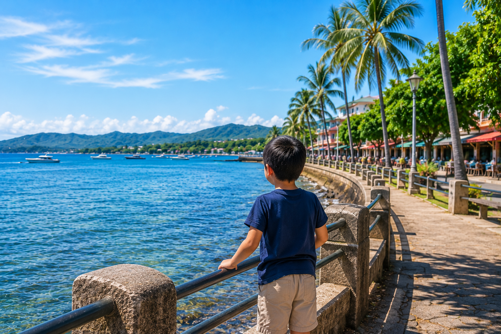 ドゥマゲッティの海沿いの遊歩道で海を眺める子ども。ヤシの木や街並み、遠くの山々が広がる、親子留学での現地生活をイメージした風景。