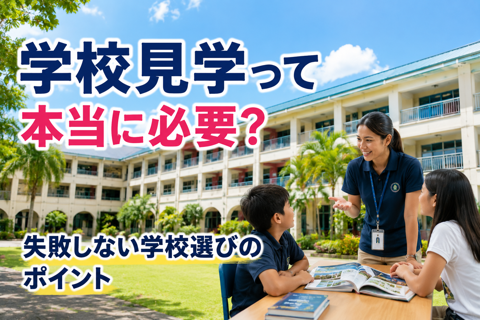 ドゥマゲッティの学校で先生と子どもたちが交流する様子と校舎。親子留学で学校見学をする際の雰囲気や学校選びをイメージした写真。