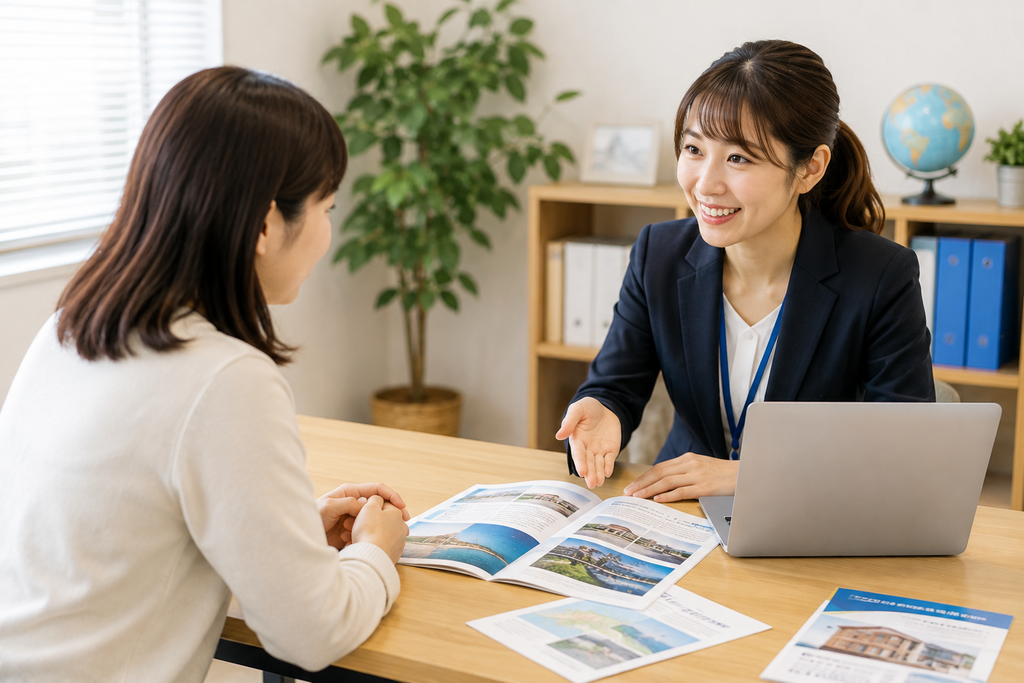留学サポートの相談をする保護者とスタッフ。資料やパソコンを見ながら、親子留学の学校選びや現地生活について相談している様子。