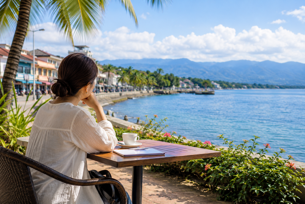 ドゥマゲッティの海沿いのカフェで、海と山を眺めながら静かに過ごす母親。南国の街並みやヤシの木を背景に、親子留学を通して母親自身が新しい時間や価値観に向き合う様子をイメージした風景。