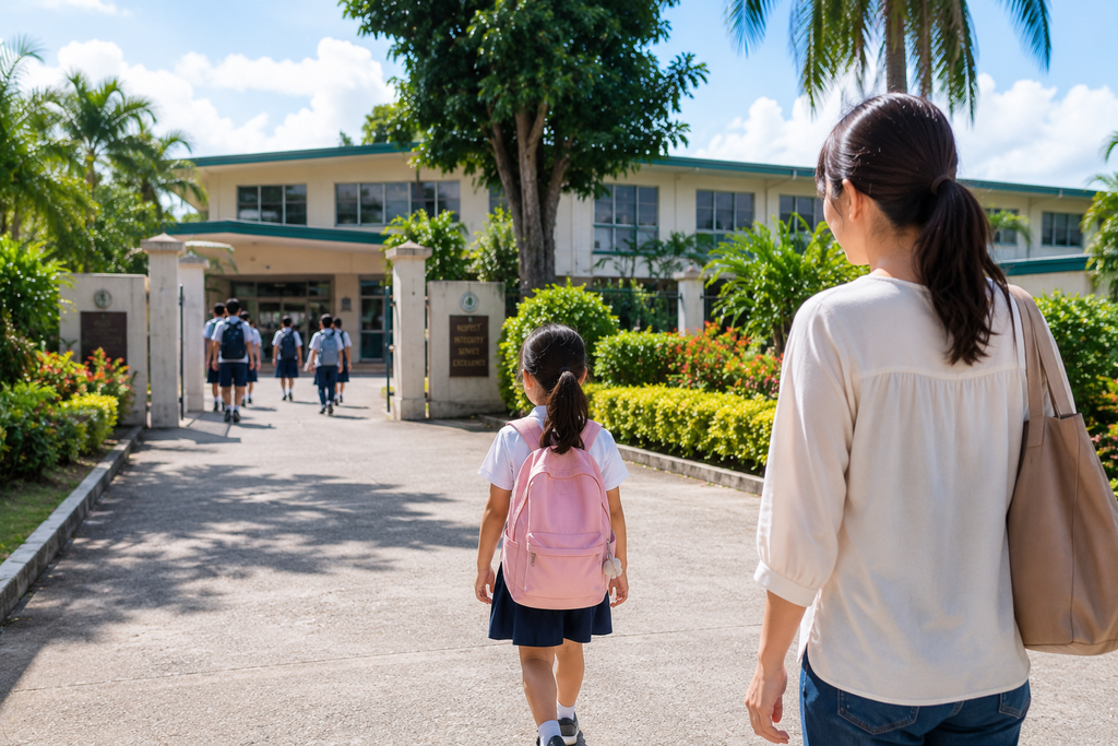 南国の学校の校舎へ向かう子どもと、少し後ろから見守る母親。緑に囲まれた明るい学校の中庭を歩きながら、新しい環境へ少しずつ慣れていく親子留学の様子をイメージした風景。
