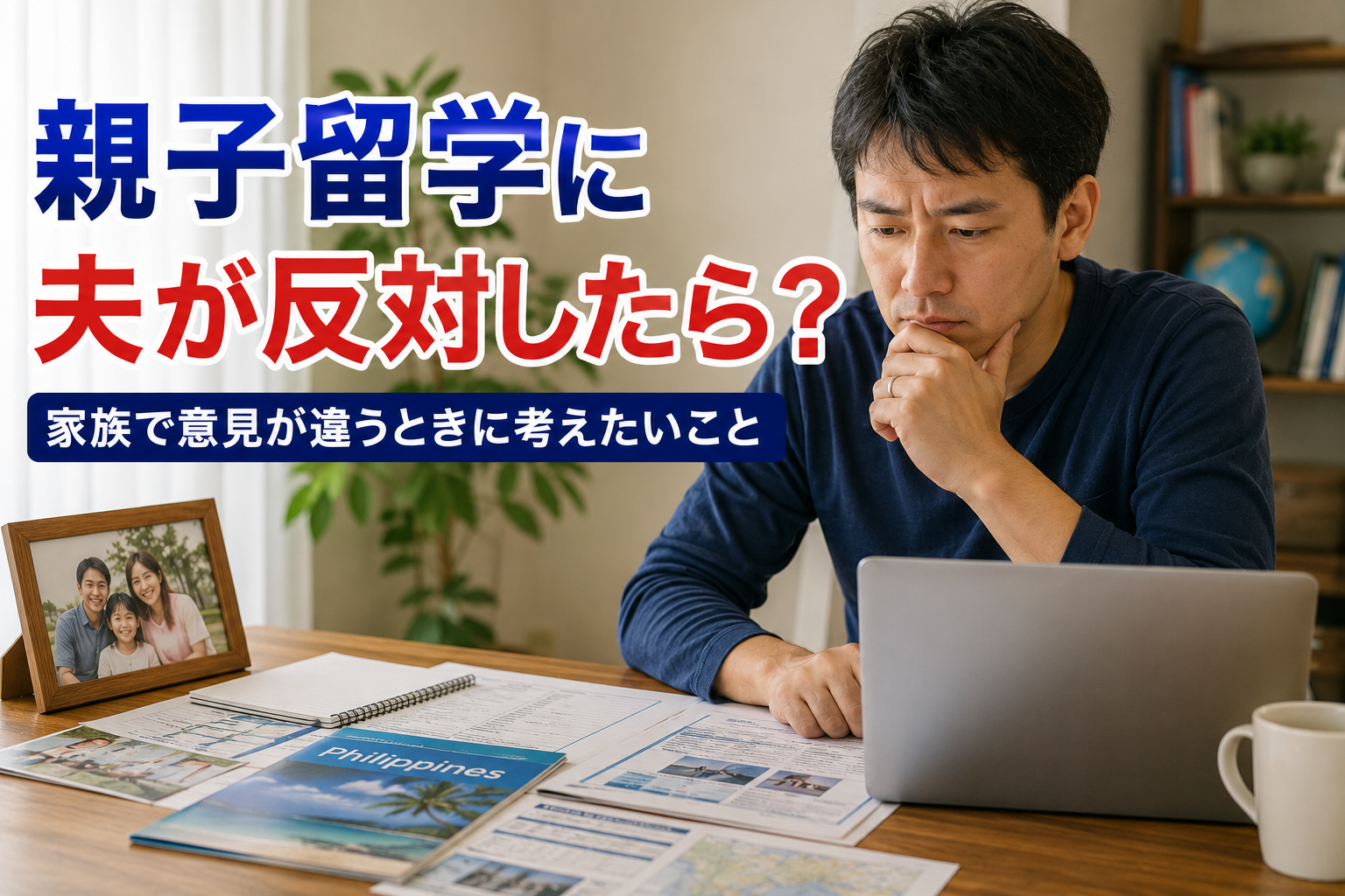 親子留学について資料を見ながら考える父親。机の上にフィリピンの資料やノート、家族写真、パソコンがあり、家族の留学について慎重に検討している様子。