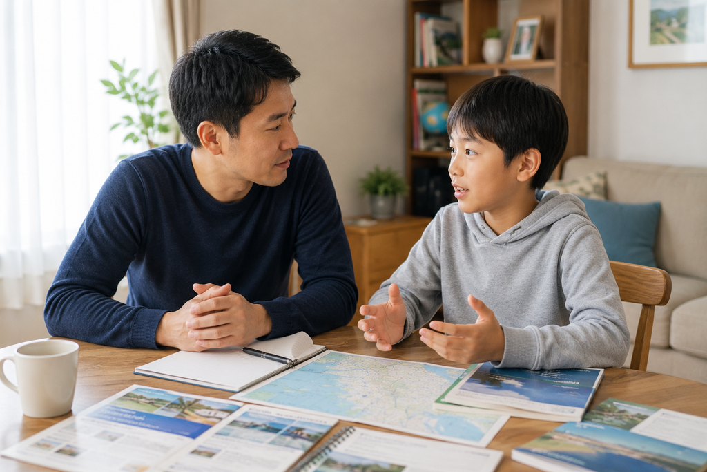 自宅で親子留学について話す父親と子ども。テーブルの上に地図やノート、フィリピンの資料を広げ、父親が子どもの話を聞きながら家族で留学について考えている様子。