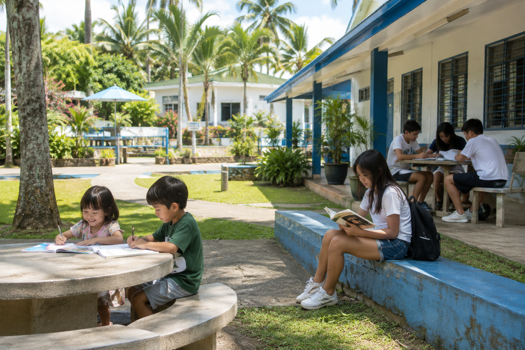 南国の学校の中庭で、年齢の異なる子どもたちがそれぞれ勉強したり本を読んだりしている様子。ヤシの木や緑に囲まれた明るい校舎を背景に、年齢によって異なる学び方や学校生活をイメージした風景。