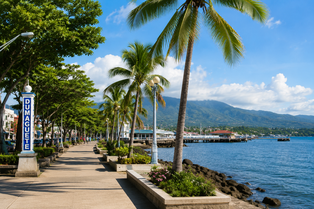ドゥマゲッティの海沿いの遊歩道とヤシの木、青い海、山々が広がる明るい昼間の風景。