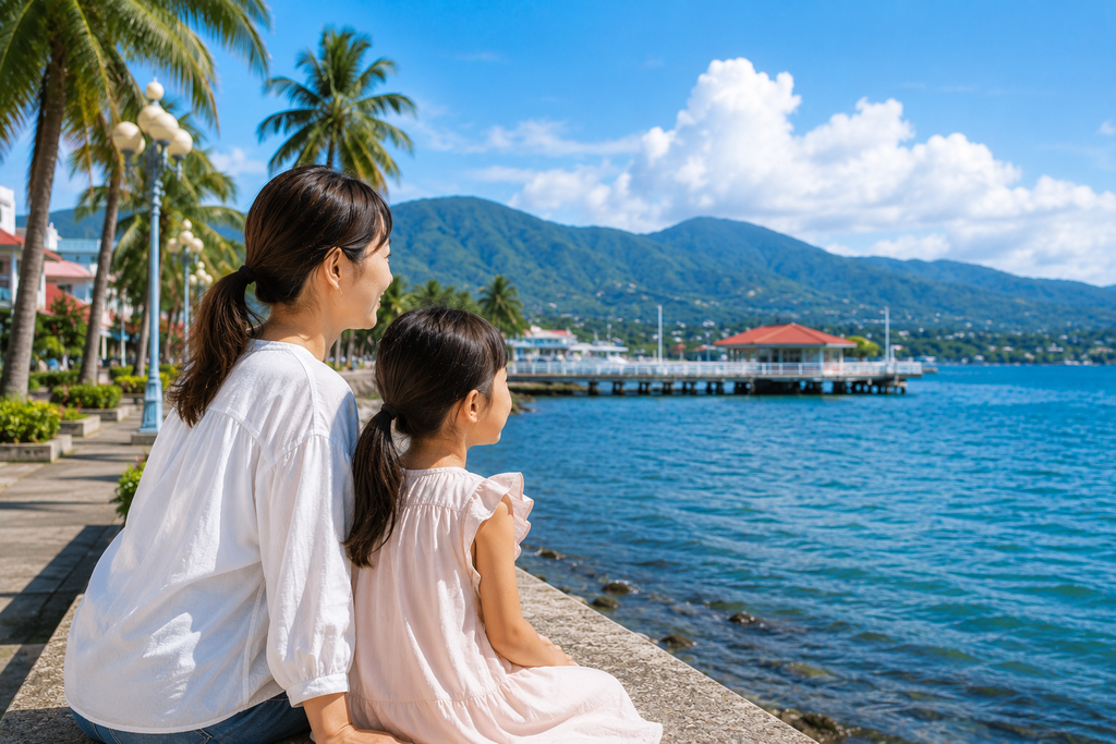 親子留学を検討する親子が、海外で新しい経験に踏み出すイメージを表現したドゥマゲッティの海辺の風景。