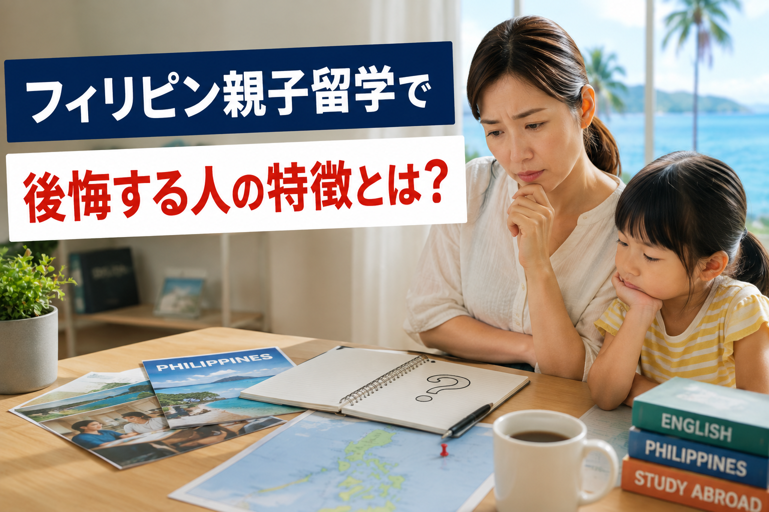 フィリピン親子留学について考える母親と子どもが、地図や資料を見ながら留学先を検討している様子。