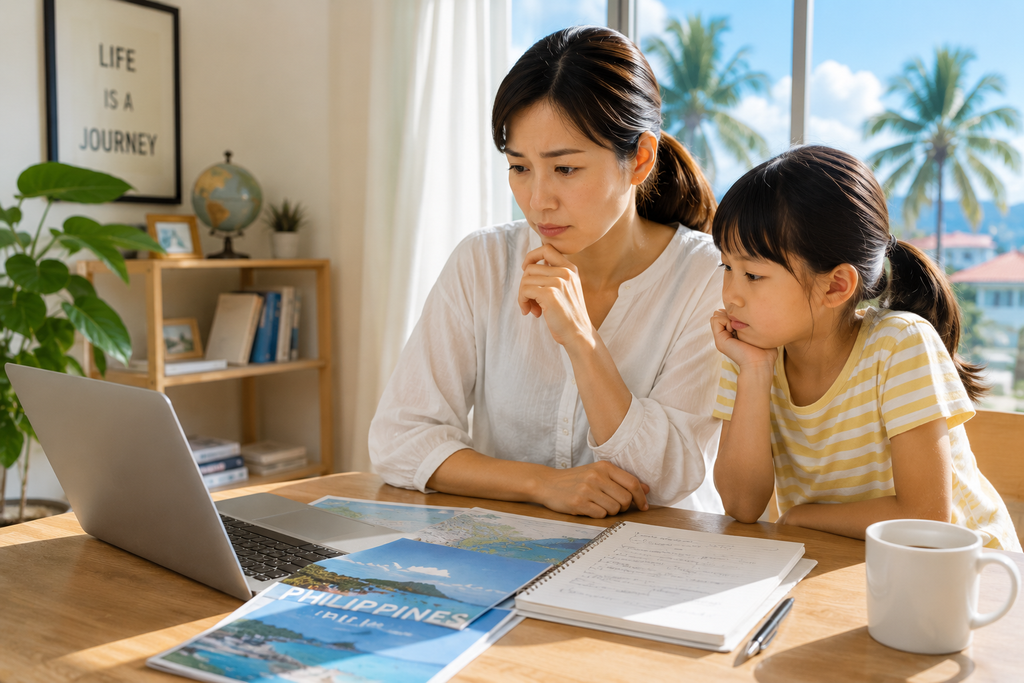 フィリピン親子留学について、母親と子どもが地図や資料を見ながら留学先や生活環境を検討している様子。