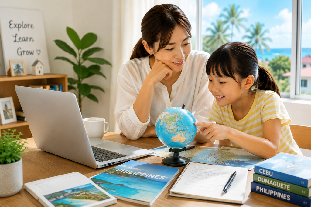母親と子どもが地図やパソコンを見ながら、親子留学について一緒に調べている様子。