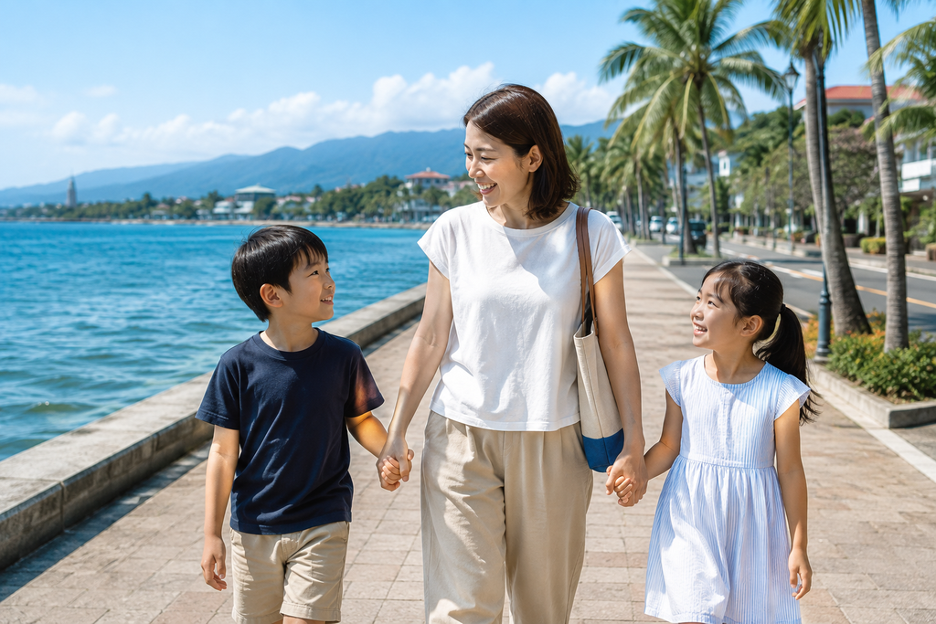 ドゥマゲッティの海辺の遊歩道を母親と子ども2人が手をつないで歩きながら、会話を楽しんでいる親子留学の生活風景。