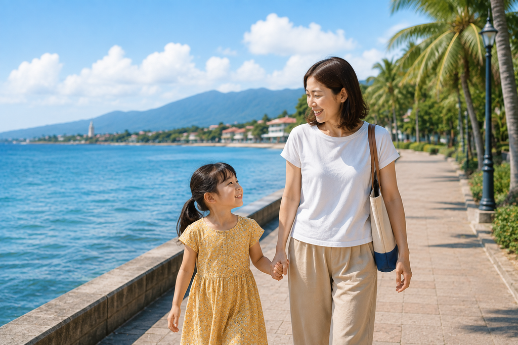 ドゥマゲッティの海辺の遊歩道を母親と娘が手をつないで歩く風景。青い海とヤシの木、遠くの山並みが広がる、親子留学中の穏やかな休日の様子。