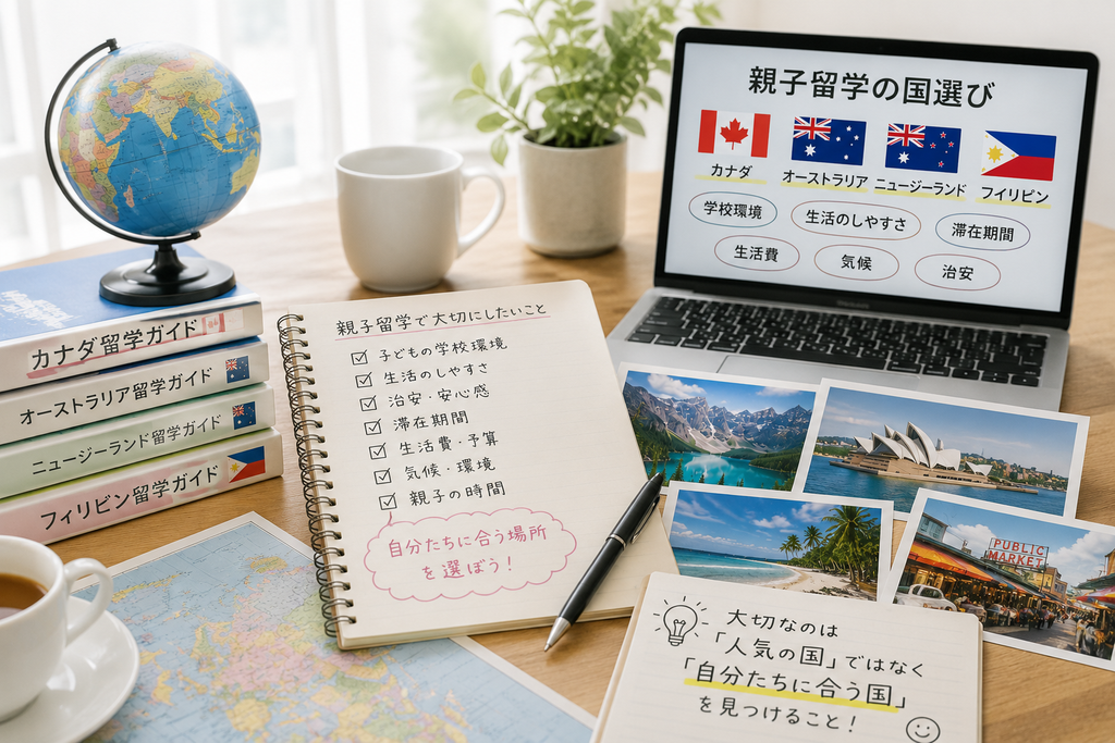 親子留学の国選びを考えるイメージ。地球儀や留学ガイド、比較用のノートパソコンを使い、学校環境・生活のしやすさ・滞在期間・生活費などを確認しながら、家族に合う留学先を検討している様子。