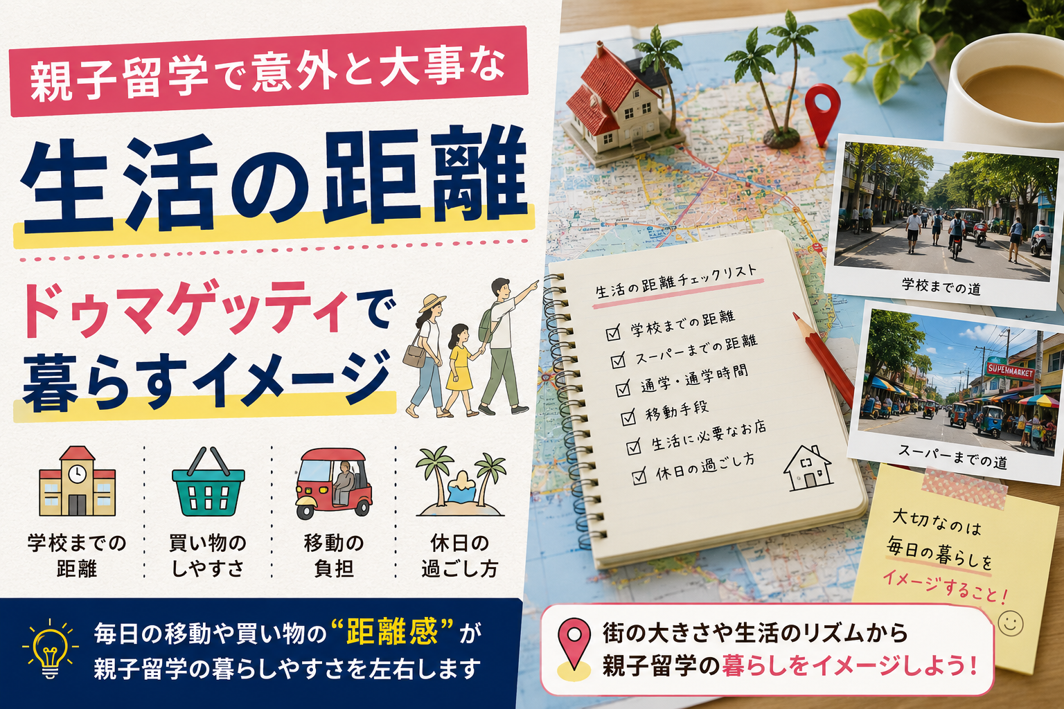親子留学で意外と大切な生活の距離をテーマに、ドゥマゲッティの地図、学校やスーパーまでの距離、移動手段、街の風景などを表現したイメージ画像。