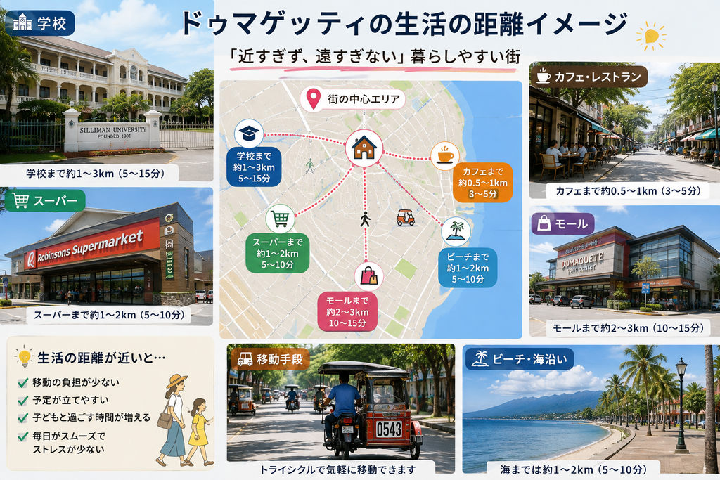 ドゥマゲッティの生活の距離を紹介する画像。学校、スーパー、カフェ、モール、ビーチ、トライシクルなどを地図上で示し、親子留学での移動や買い物のしやすさをイメージした構成。