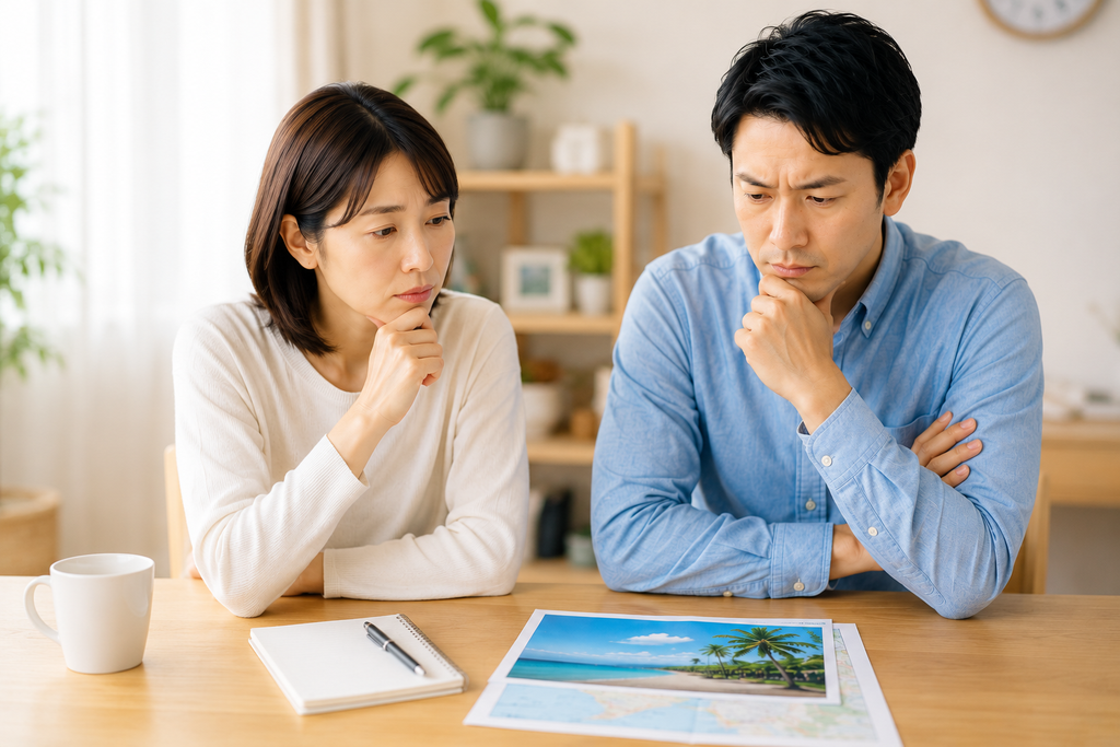 親子留学について夫婦で話し合い、海外生活や子どもの将来について慎重に考えている夫婦の様子。テーブルには海外の風景写真や地図、ノートが置かれている。