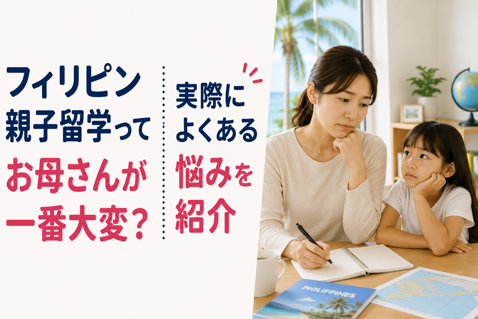フィリピン親子留学を考えるお母さんと子どもが、海外生活や留学について話し合っている様子。ノートや地図を前に、親子で留学生活を考えている場面。
