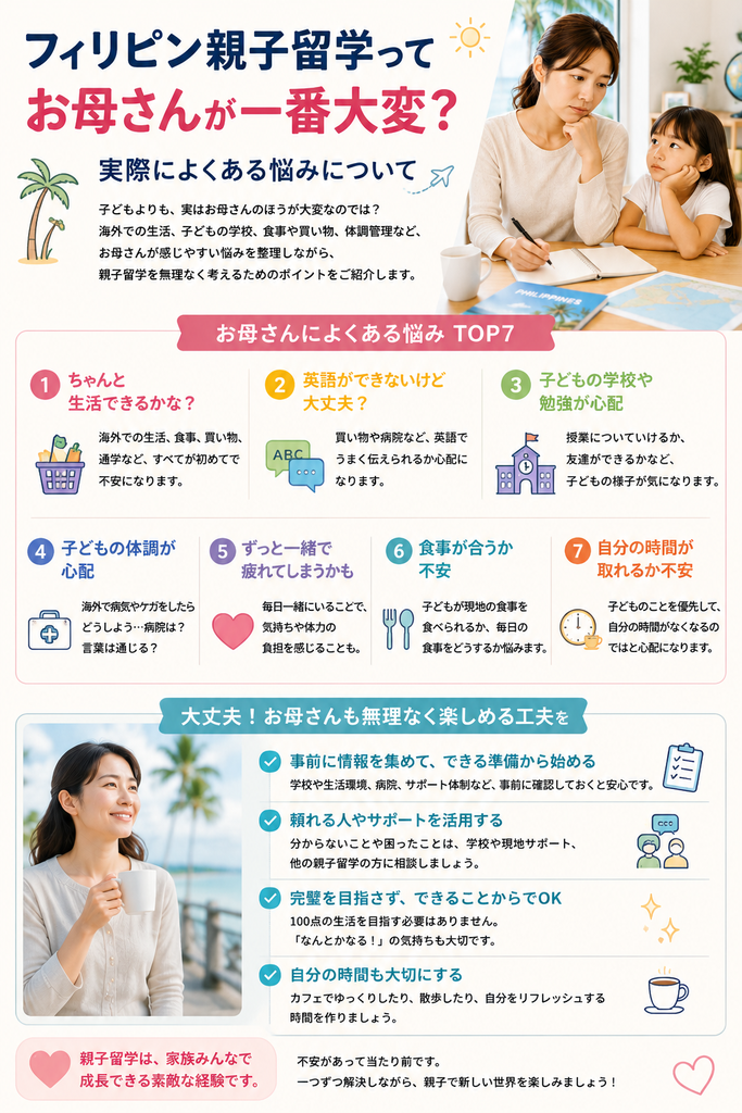フィリピン親子留学でお母さんが感じやすい悩みを紹介する画像。海外生活、英語、子どもの学校や体調、食事、親子で過ごす時間、自分の時間などの悩みと、無理なく留学生活を楽しむためのポイントをまとめている。