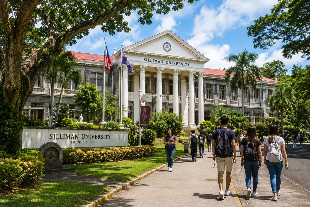 シリマン大学の歴史ある校舎とキャンパスを歩く学生たち