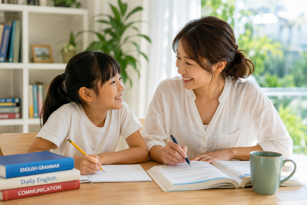 親子留学でお母さんと子どもが一緒に英語を学び成長する様子