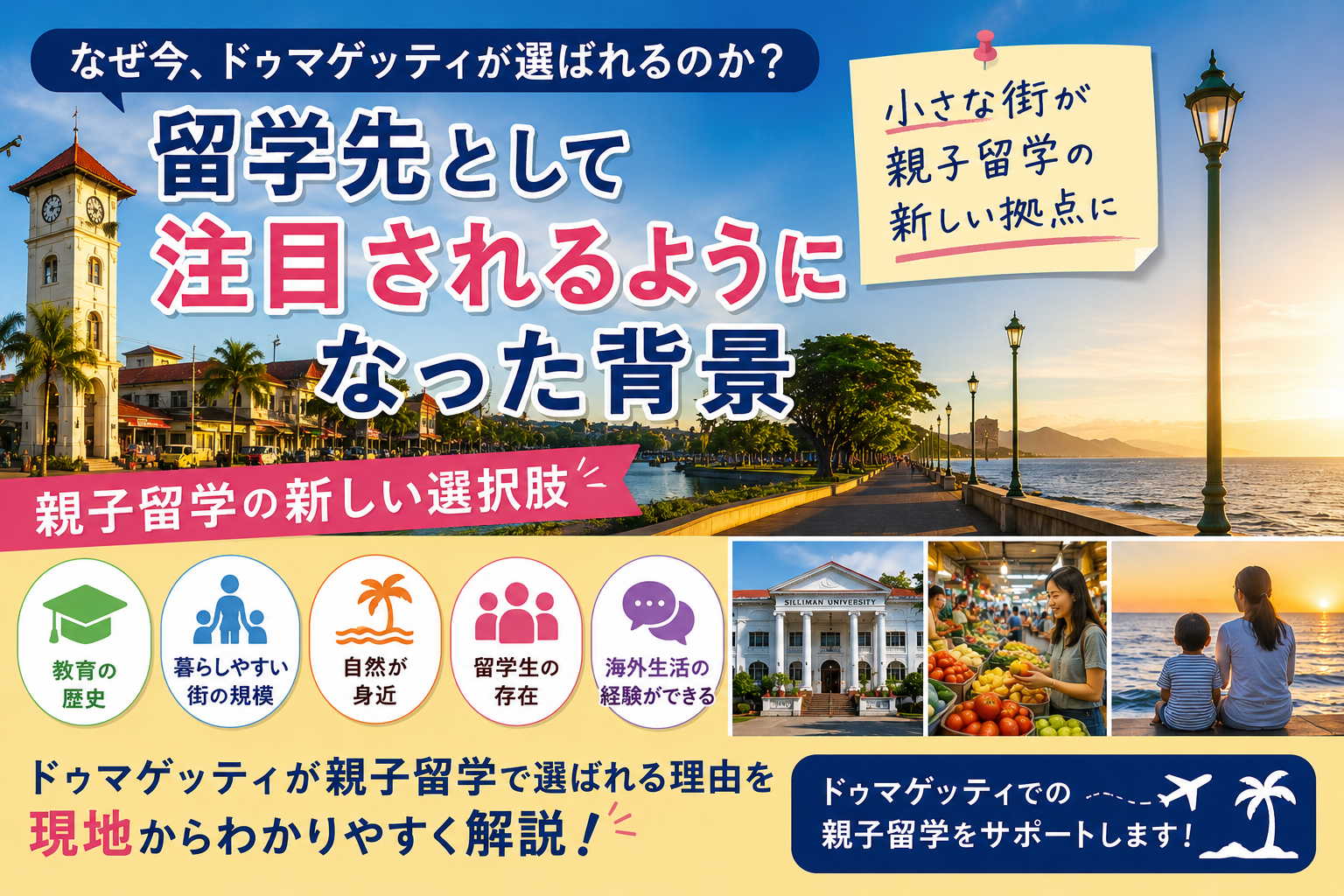 ドゥマゲッティが親子留学先として注目されるようになった背景と街の魅力を紹介するイメージ