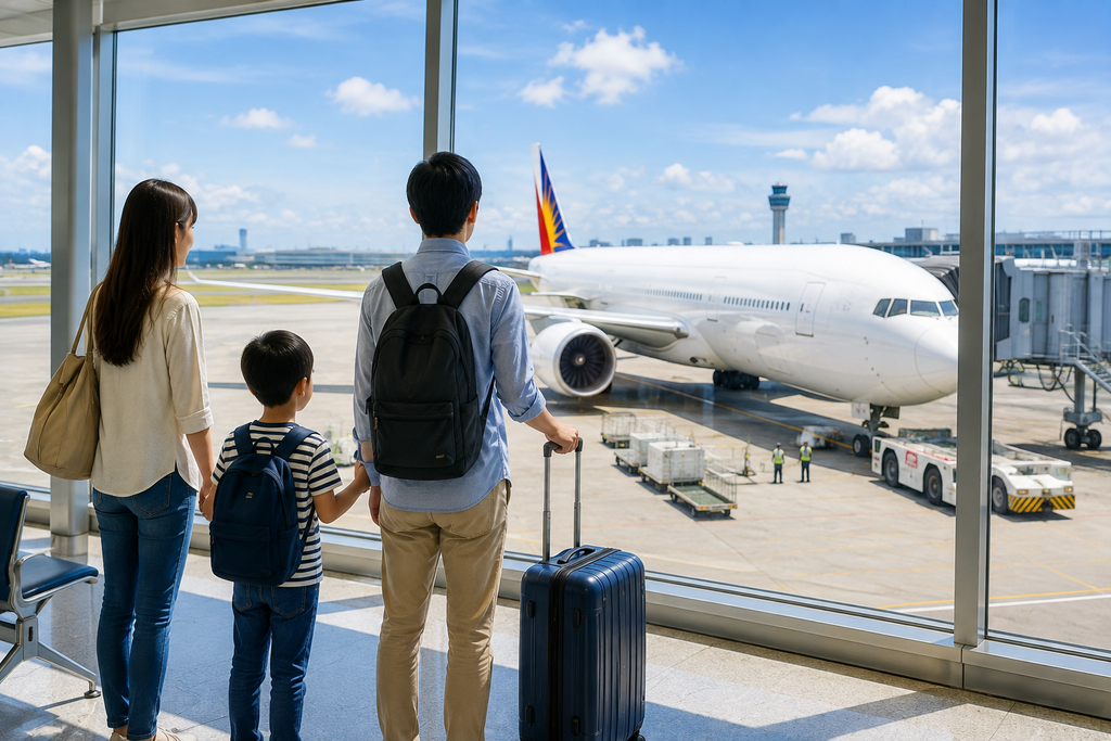 関西国際空港からマニラへ向かう親子留学のフライトと空港移動のイメージ