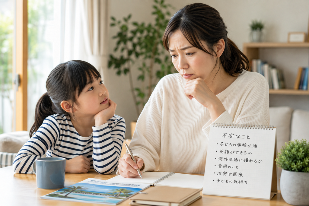 親子留学に迷うお母さんが、不安を整理しながら準備について考えているイメージ