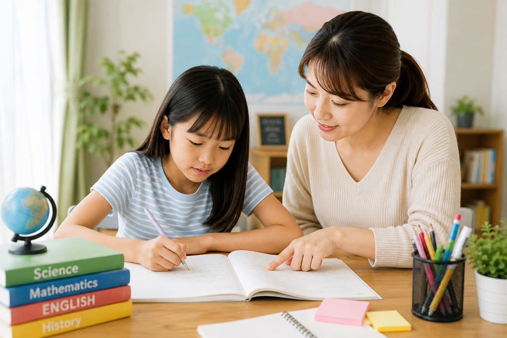 親子で家庭学習に取り組み、子どもの授業理解をサポートしている様子