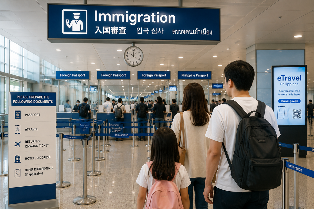 フィリピンの空港内にある入国審査カウンターと、入国手続きを待つ旅行者の様子