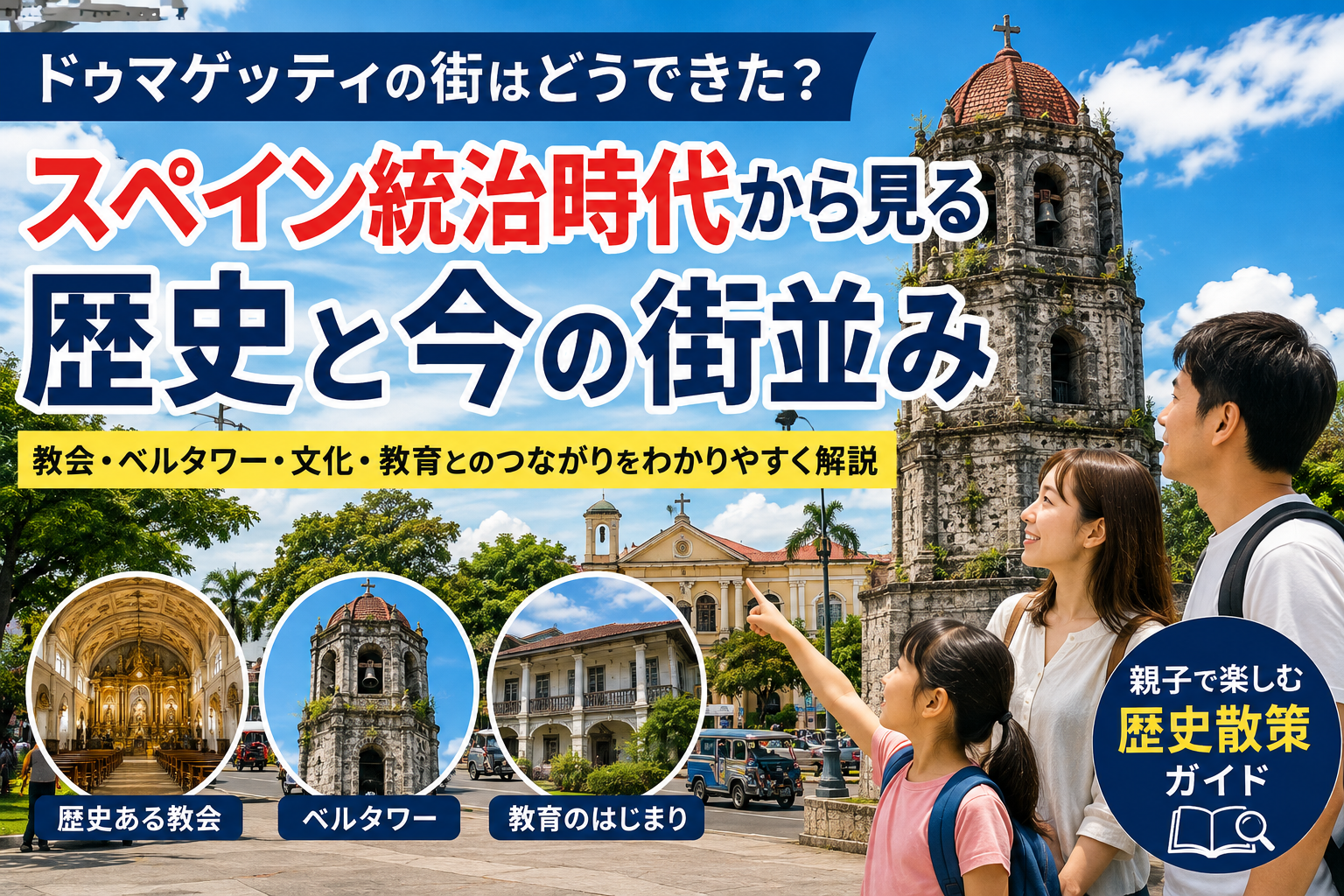 ドゥマゲッティのスペイン統治時代の歴史と、現在の街並みを紹介する歴史散策のイメージ