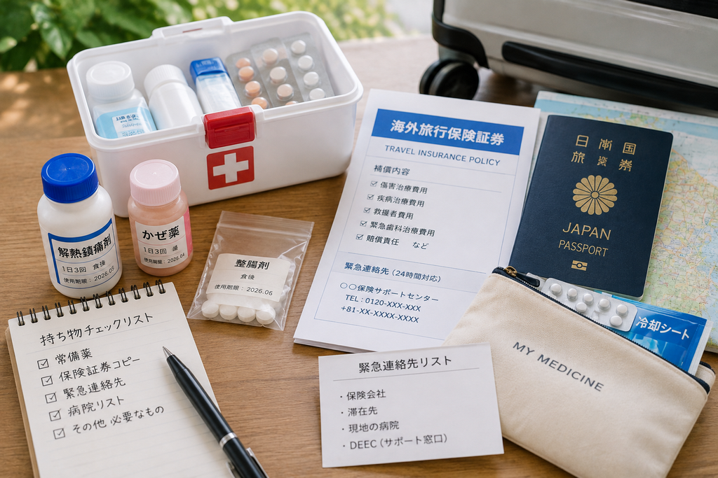 親子留学の薬や保険、緊急時の準備を整理した旅行準備のイメージ画像