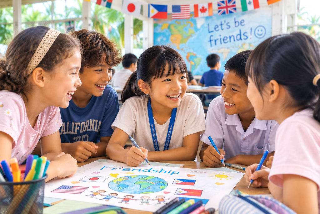 親子留学で子どもたちが国籍や言葉の違いを越えて交流し、友達と一緒に学んでいる学校生活の風景