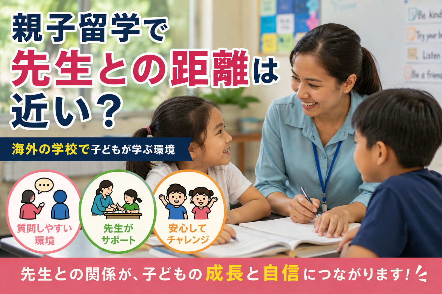 親子留学で先生と子どもが近い距離で関わり、質問しやすい環境で学ぶ学校生活の様子