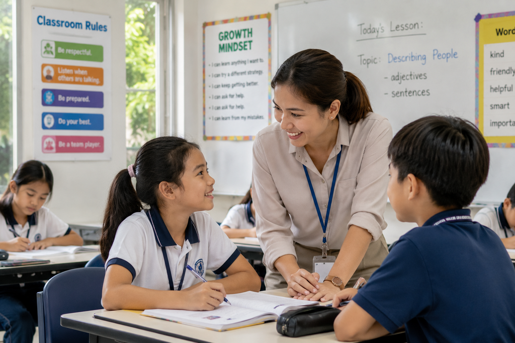 明るい教室で先生が子どもに寄り添いながら指導し、生徒たちが安心して学んでいる学校生活の様子