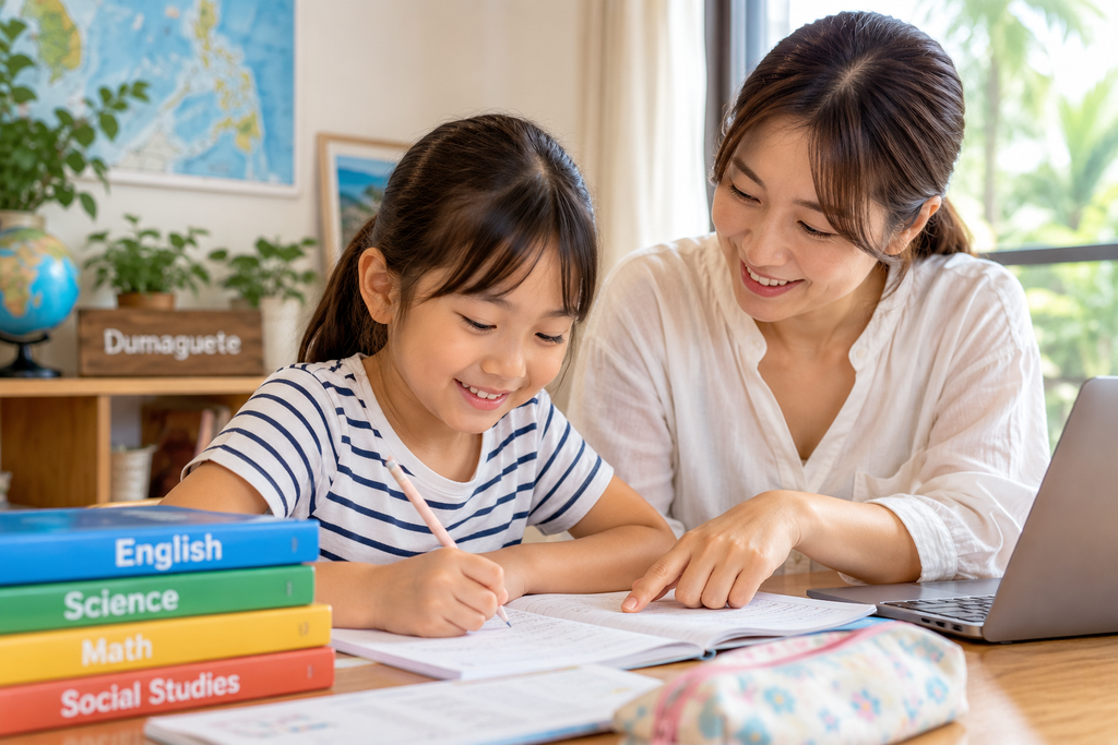 親子留学で子どもが家庭学習に取り組み、母親がそばで勉強をサポートしている様子