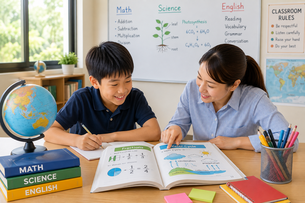 親子留学で子どもが算数や理科などの教科を英語で学び、先生と一緒に学習に取り組んでいる教室の様子