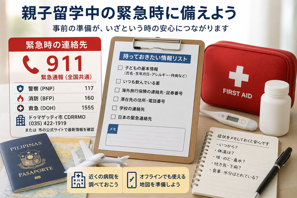 親子留学中の緊急時に備えて、911や病院、保険会社などの連絡先と子どもの医療情報を準備するイメージ
