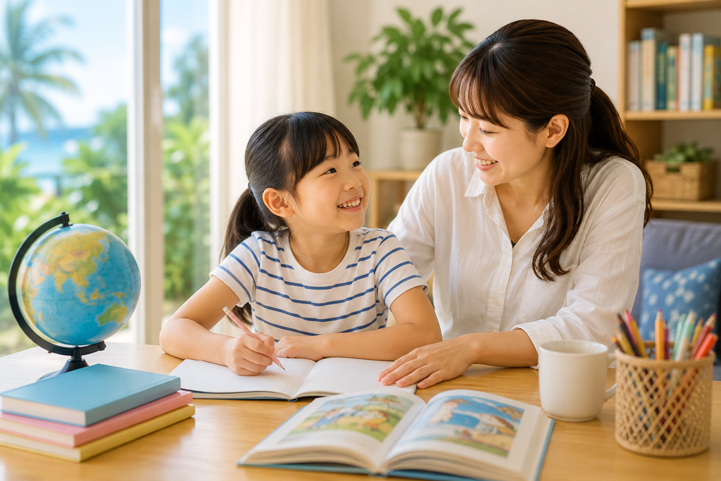家庭で日本語を使いながら親子で学習する母親と子どもの様子