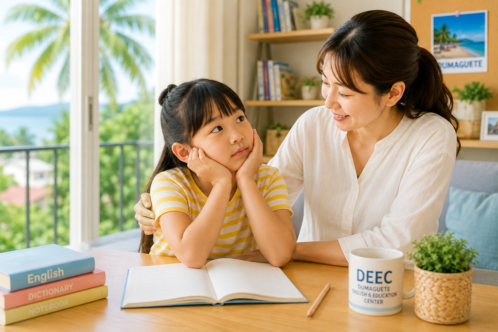 フィリピン親子留学で不安を感じる子どもに寄り添いながら家庭で過ごす母親と子ども